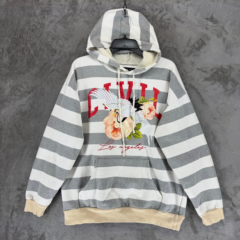 Civil Regime Hoodie Mens Large Gray White Striped Floral Swan Graphic LA